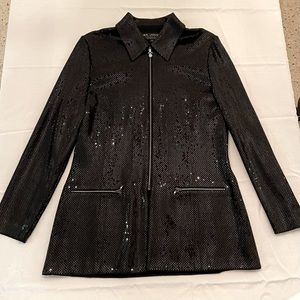 ST JOHN COUTURE Black Paillette Knit Swarovski Crystal Zip Jacket sz 12